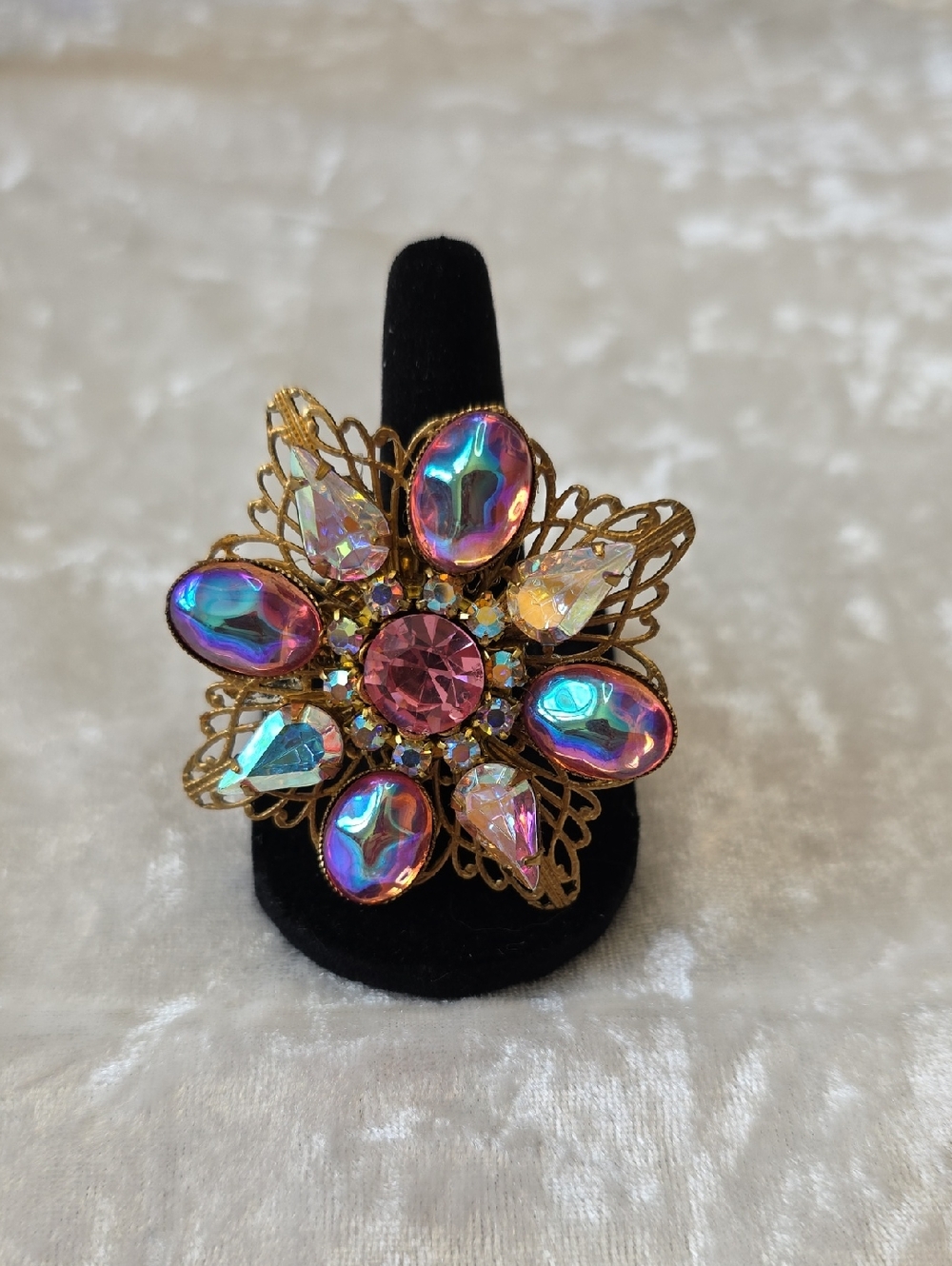 Gold-Tone Statement Grannycore Floral Brooch with Pink and Iridescent Stones
